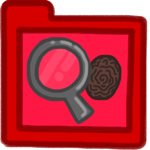 a red folder with a grey magnifying glass and a brown thumb print